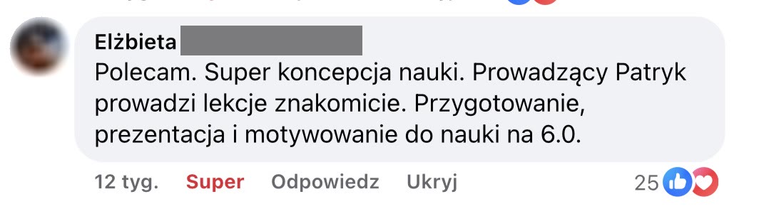 Opinia z Facebooka: Elżbieta - przygotowanie i motywowanie do nauki na 6.0